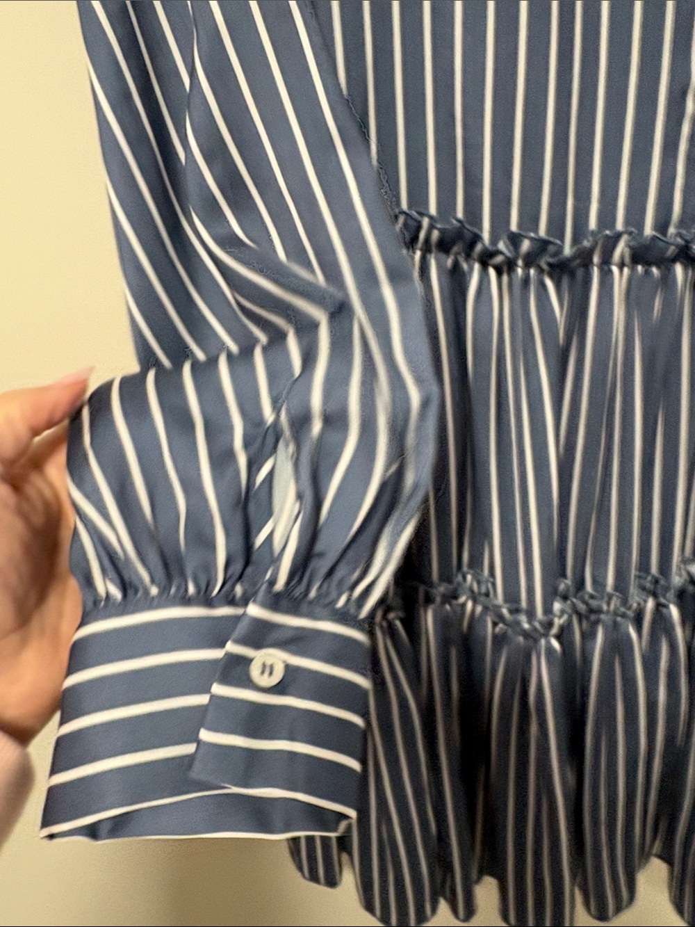 Maje Blue and White Striped Tiered Long-Sleeve Shirt Dress - Picture 6 of 11